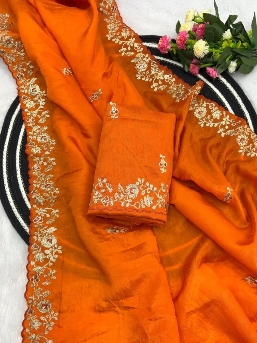 1DESIGNER GOLD CRUSH COTTON THREAD EMBROIDERY WITH SEQUENCE & CODING WORK SAREE WITH UNSTITCHED BLOUSE WEDDING WEAR WHOLESALE PRICE ETHNIC GARMENT (24)