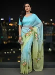 DESIGNER GOLD CRUSH HANDPAINT HANDWORK CUT DANA WORK SAREE WITH UNSTITCHED BLOUSE SKY