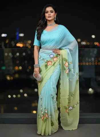 DESIGNER GOLD CRUSH HANDPAINT HANDWORK CUT DANA WORK SAREE WITH UNSTITCHED BLOUSE SKY