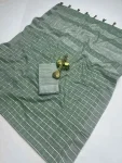 DESIGNER LINEN COTTON SOLID EXTRA WORK ZALAR SAREE WITH UNSTITCHED BLOUSE GREEN