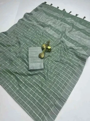 DESIGNER LINEN COTTON SOLID EXTRA WORK ZALAR SAREE WITH UNSTITCHED BLOUSE GREEN