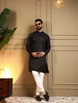 DESIGNER ROYAL SILK EMBROIDERY SEQUENCE WORK MEN'S KURTA PAYJAMA BLACK