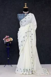 DESIGNER SOFT SILK THREAD WORK & READY MADE LACE BORDER WORK SAREE WITH UNSTITCHED BLOUSE BLUE