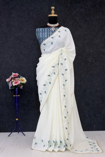 DESIGNER SOFT SILK THREAD WORK & READY MADE LACE BORDER WORK SAREE WITH UNSTITCHED BLOUSE BLUE