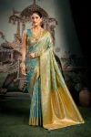 DESIGNER SOFT SILK ZHALLAR WORK SAREE WITH UNSTITCHED BLOUSE SKY