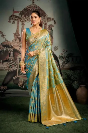 DESIGNER SOFT SILK ZHALLAR WORK SAREE WITH UNSTITCHED BLOUSE SKY