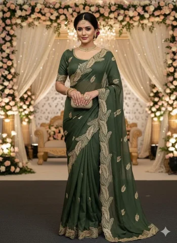 DESIGNER STAR GEORGETTE EMBROIDERY WORK SAREE WITH UNSTITCHED BLOUSE MEHNDI
