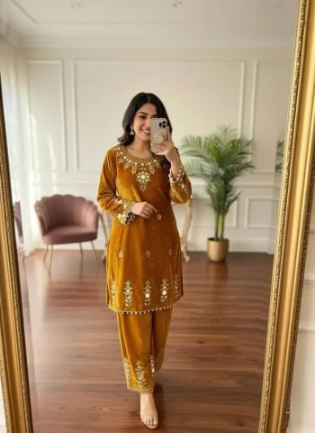 DESIGNER VELVET EMBROIDERY WITH REAL MIRROR WORK CO-ORD SET YELLOW