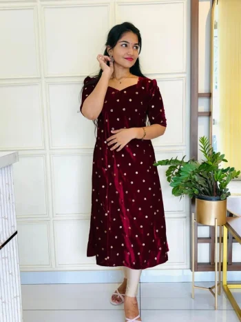 DESIGNER VELVET EMBROIDERY WORK ONLY KURTI MAROON