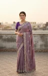 DESIGNER VICHITRA SILK SEQUENCE  THREAD  EMBROIEDRY WORK SAREE WITH UNSTITCHED BLOUSE LAVENDER