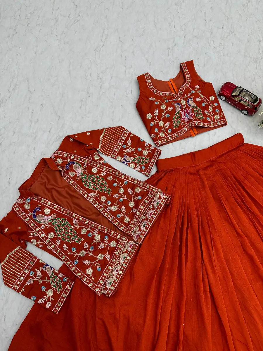 1DESIGNER VICHITRA SILK THREAD AND SEQUENCE WORK LEHENGA CHOLI WITH KOTI WEDDING WEAR WHOLESALE PRICE ETHNIC GARMENT (15)