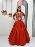 DESIGNER VICHITRA SILK THREAD AND SEQUENCE WORK LEHENGA CHOLI WITH KOTI ORANGE