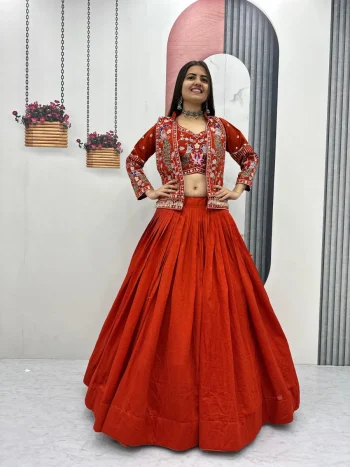 DESIGNER VICHITRA SILK THREAD AND SEQUENCE WORK LEHENGA CHOLI WITH KOTI  ORANGE