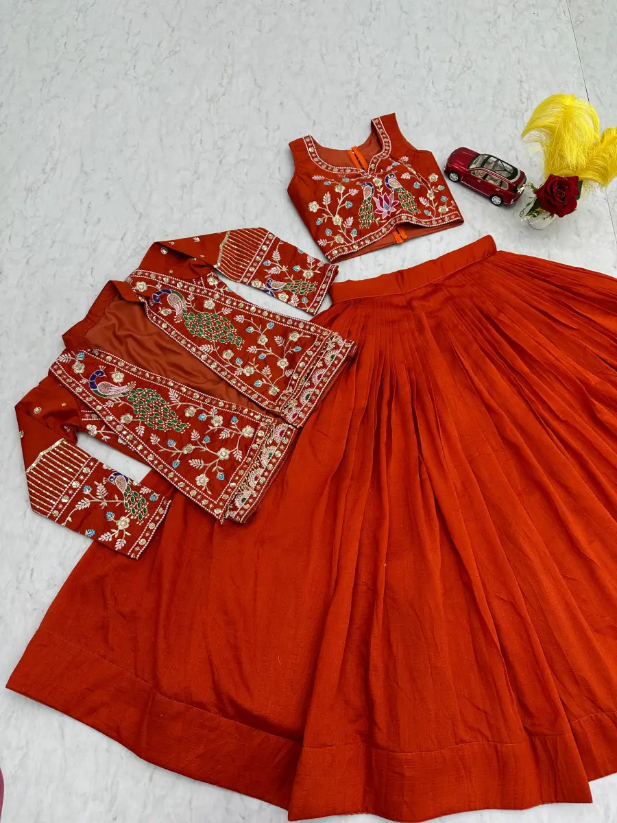 1DESIGNER VICHITRA SILK THREAD AND SEQUENCE WORK LEHENGA CHOLI WITH KOTI WEDDING WEAR WHOLESALE PRICE ETHNIC GARMENT (23)