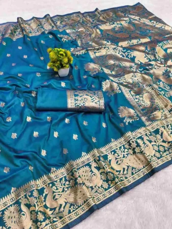 FANCY BANARASI SILK ZARI WEAVING RICH PALLU WITH ZARI WEAVING UNIQUE BORDER WORK SAREE WITH UNSTITCHED BLOUSE BLUE