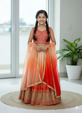 FANCY CHINON SILK SEQUENCE EMBROIDERY WORK KID'S LEHENGA CHOLI WITH DUPATTA ORANGE