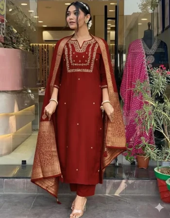 FANCY COTTON SILK CODING WORK TOP BOTTOM WITH DUPATTA MAROON
