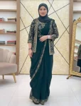 FANCY GEORGETTE EMBROIDERY WORK READY TO WEAR SAREE WITH STITCHED BLOUSE AND KOTI WITH WASIT BELT GREEN