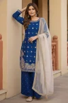 FANCY GMY SILK EMBROIDERY CODING SEQUENCE WITH RIVET MOTI HAND WORK TOP PALAZZO WITH DUPATTA BLUE
