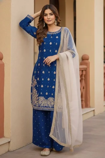 FANCY GMY SILK EMBROIDERY CODING SEQUENCE WITH RIVET MOTI HAND WORK TOP PALAZZO WITH DUPATTA BLUE