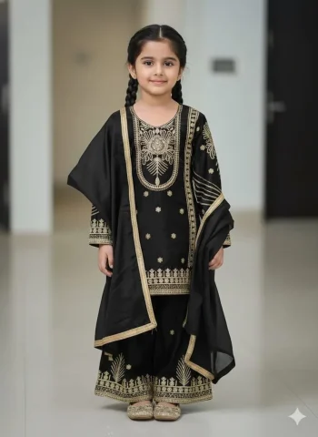 FANCY GMY SILK EMBROIDERY SEQUENCE WORK KIDS TOP PALAZZO WITH DUPATTA BLACK
