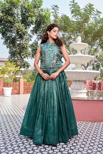 FANCY GOLD CRUSH EMBROIDERY SEQUENCE WITH THREAD WORK SHRUG WITH LEHENGA CHOLI GREEN