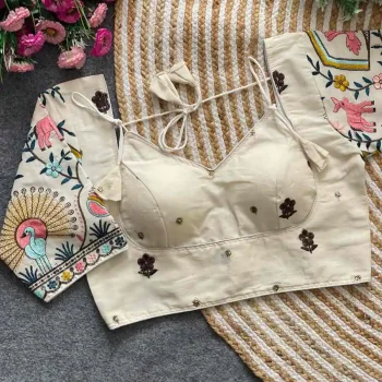 FANCY KHADI COTTON EMBROIDERY WORK STITCHED BLOUSE OFF WHITE
