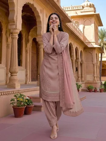 FANCY NATURAL CREPE EMBROIDERY 3 MM SEQUENCE WORK WITH CUTWORK TOP PATIYALA WITH DUPATTA PINK