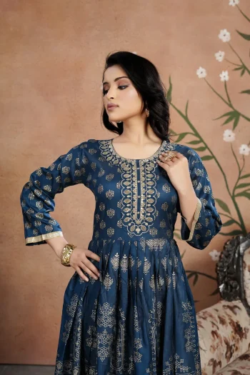 FANCY RAYON GOLDEN FOIL AND NECK WORK EMBROIDERY WORK GOWN TEAL