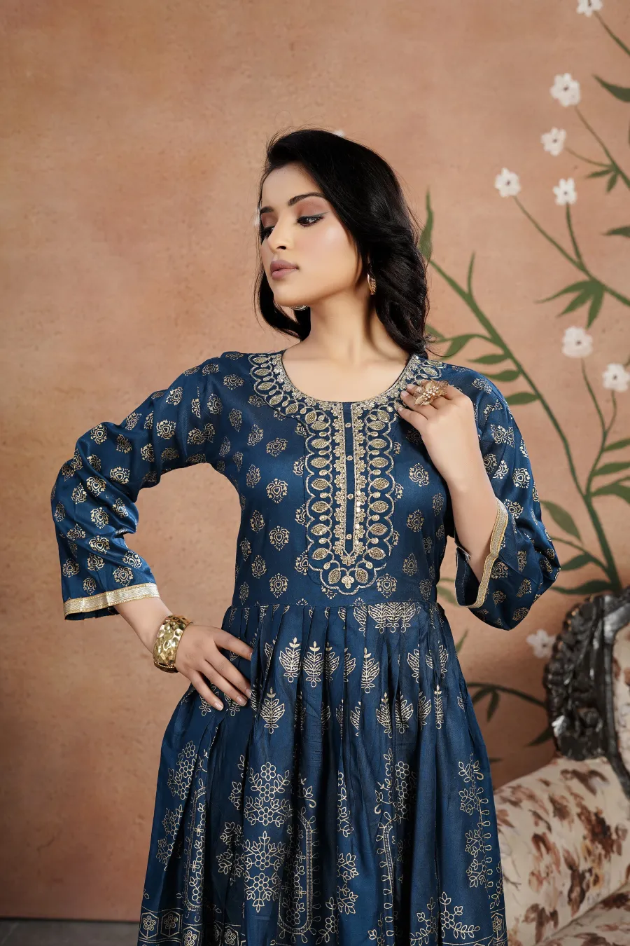 1FANCY RAYON GOLDEN FOIL AND NECK WORK EMBROIDERY WORK GOWN FESTIVE WEAR WHOLESALE PRICE ETHNIC GARMENT (13)