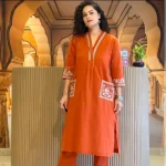 FANCY SLUB COTTON EMBROIDERY WORK WITH STYLES FRONT POCKET CO-ORD SET ORANGE