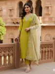 FANCY TAPETA SILK EMBROIDERY WORK TOP BOTTOM WITH DUPATTA PARROT GREEN
