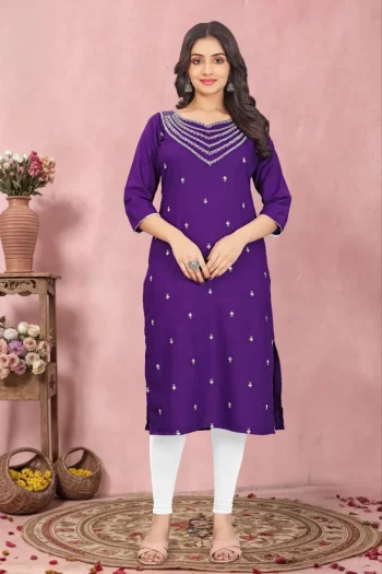FANCY TESLA COTTON EMBROIDERY WORK KURTI PURPLE