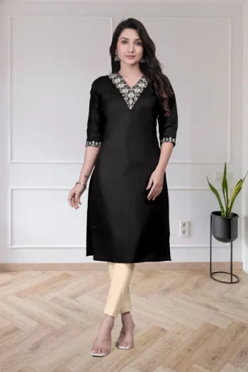 FANCY TESLA COTTON EMBROIDERY WORK ONLY KURTI BLACK