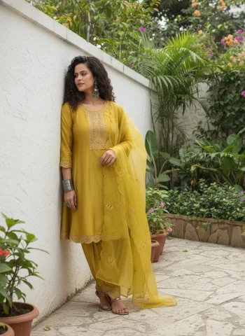 FANCY VICHITRA SILK EMBROIDERY WORK TOP DHOTI PENT WITH DUPATTA YELLOW