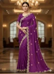 FANCY VICHITRA SILK SEQUENCE EMBROIDERED CONTRAST PALLU WORK SAREE WITH UNSTITCHED BLOUSE PURPLE