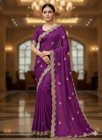 FANCY VICHITRA SILK SEQUENCE EMBROIDERED CONTRAST PALLU WORK SAREE WITH UNSTITCHED BLOUSE PURPLE