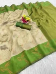 MODERN BANARASI SILK FLOWERS AND MINA & ZARI WEAVING PALLU WITH ZARI WEAVING BORDER WORK SAREE WITH UNSTITCHED BLOUSE CREAM AND PARROT GREEN