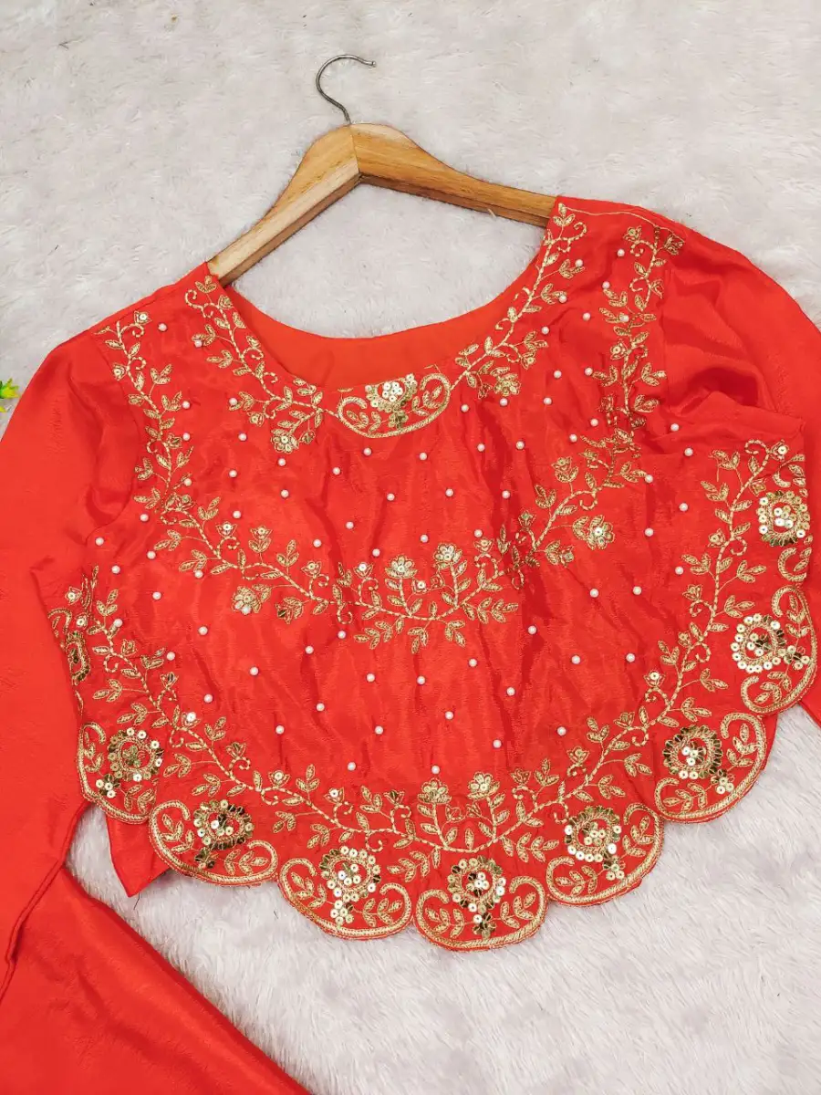 1MODERN CHINON SILK MULTI THREAD EMBROIDERY SEQUENCE WITH PEARL RIVET MOTI WORK TOP PALAZZO SET PARTY WEAR WHOLESALE PRICE ETHNIC GARMENT (5)