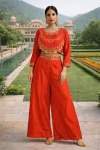 MODERN CHINON SILK MULTI THREAD EMBROIDERY SEQUENCE WITH PEARL RIVET MOTI WORK TOP PALAZZO SET ORANGE