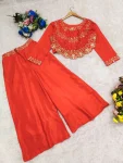 1MODERN CHINON SILK MULTI THREAD EMBROIDERY SEQUENCE WITH PEARL RIVET MOTI WORK TOP PALAZZO SET PARTY WEAR WHOLESALE PRICE ETHNIC GARMENT (6)