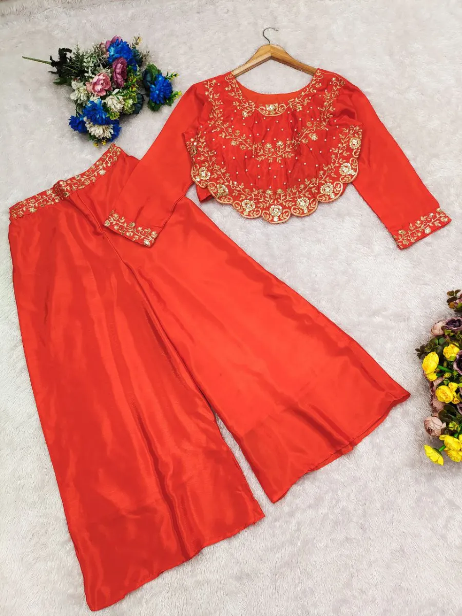 1MODERN CHINON SILK MULTI THREAD EMBROIDERY SEQUENCE WITH PEARL RIVET MOTI WORK TOP PALAZZO SET PARTY WEAR WHOLESALE PRICE ETHNIC GARMENT (7)