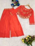 1MODERN CHINON SILK MULTI THREAD EMBROIDERY SEQUENCE WITH PEARL RIVET MOTI WORK TOP PALAZZO SET PARTY WEAR WHOLESALE PRICE ETHNIC GARMENT (6)