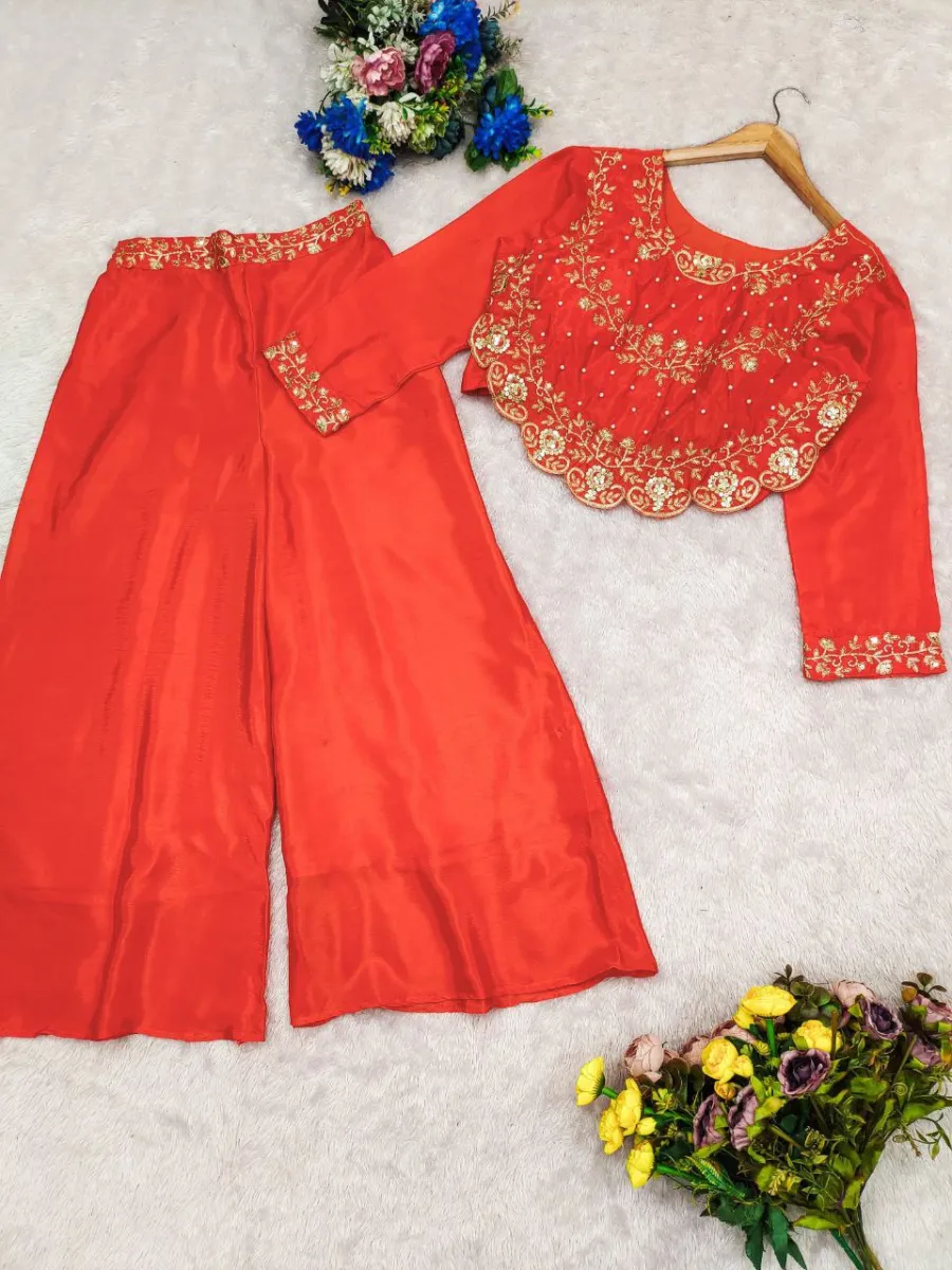 1MODERN CHINON SILK MULTI THREAD EMBROIDERY SEQUENCE WITH PEARL RIVET MOTI WORK TOP PALAZZO SET PARTY WEAR WHOLESALE PRICE ETHNIC GARMENT (8)