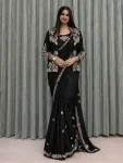 MODERN CREPE SATIN EMBROIDERY WORK READY TO WEAR SAREE WITH STITCHED BLOUSE AND KOTI BLACK