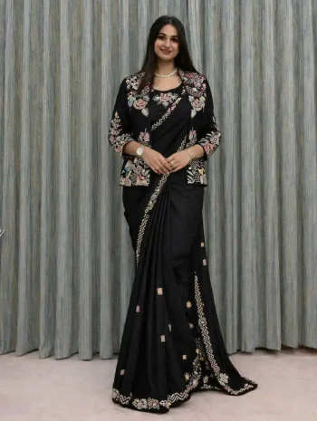 MODERN CREPE SATIN EMBROIDERY WORK READY TO WEAR SAREE WITH STITCHED BLOUSE AND KOTI BLACK