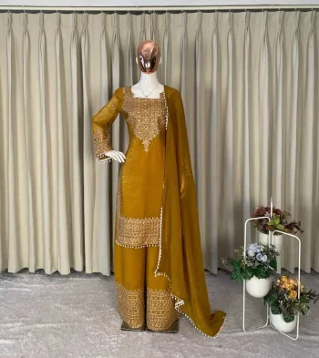 MODERN CRUNCHY CODING WITH SEQUENCE EMBROIDERY WORK TOP PALAZZO WITH DUPATTA YELLOW