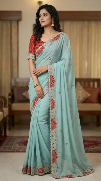 MODERN CRUSH SILK ZARI SEQUENCE EMBROIDERY WITH BANDHNI PATCH AND ZARI BORDER WORK SAREE WITH UNSTITCHED BLOUSE SKY