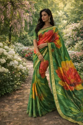 MODERN FENDY SATIN EMBROIDERY WORK SAREE WITH UNSTITCHED BLOUSE GREEN