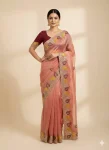 MODERN FENDY SATIN SEQUENCE AND MULTI THREAD WORK SAREE WITH UNSTITCHED BLOUSE PEACH